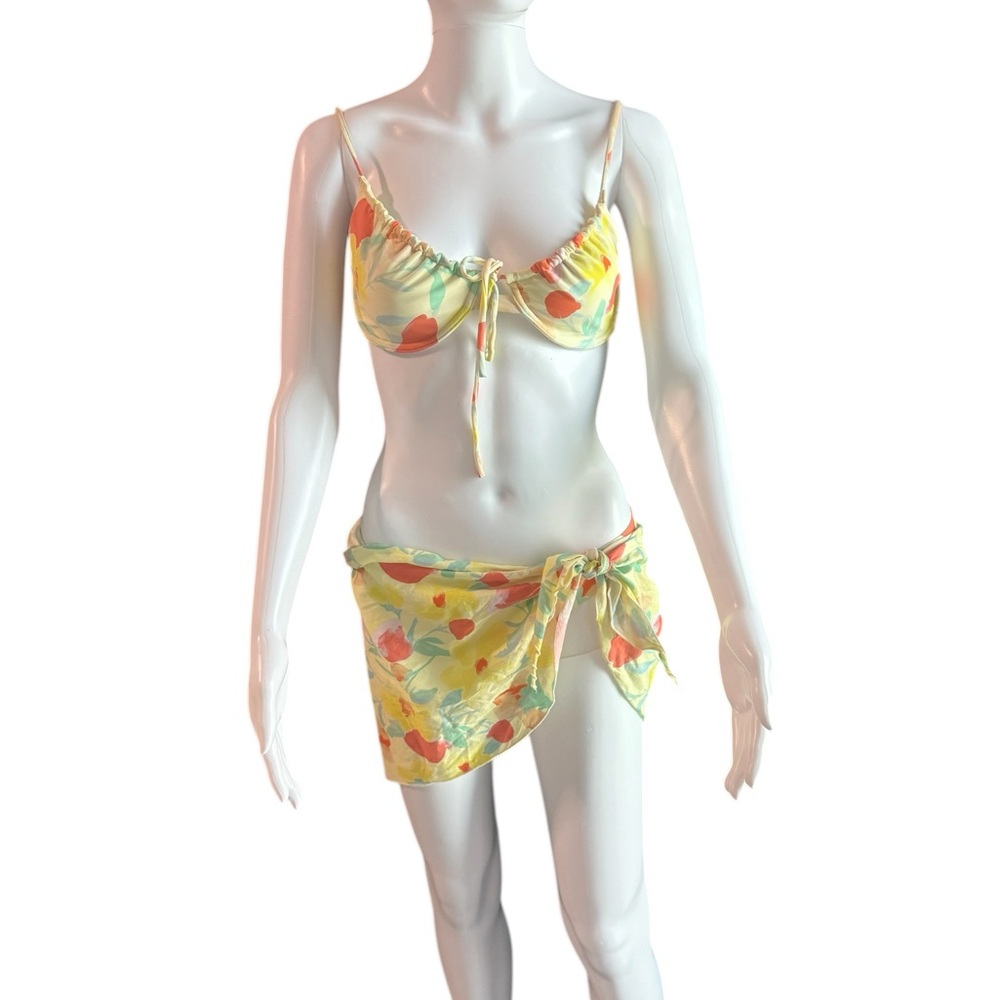 Montce Yellow Floral Tie-Front Bikini Top with Matching Sarong and bottoms